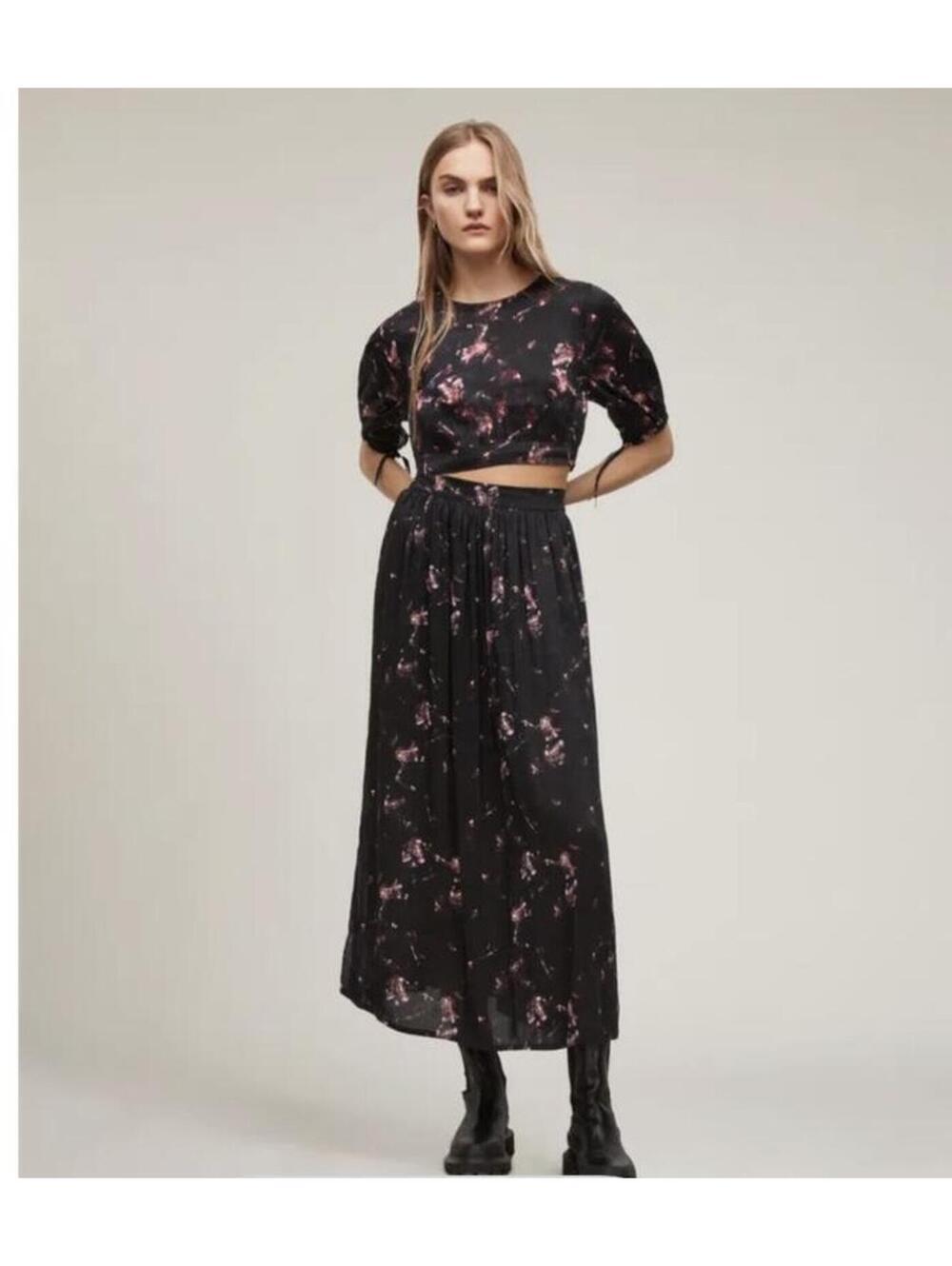 Allsaints Asta Vimur Silk/Linen Printed Ruched Bottom s/s Top skirt avail also